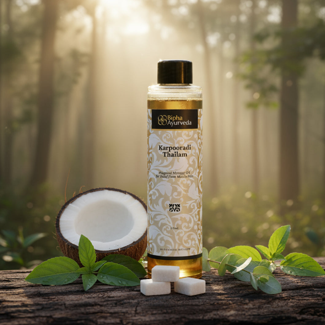 Ayurvedic oil bottle with black cap, coconut half, and small wax cubes on a wooden surface.