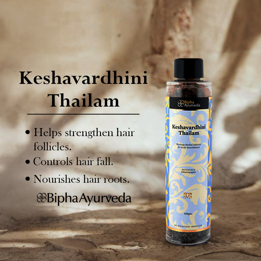 Herbal scalp nourishment bottle with black cap on rocky surface, blue-gold label