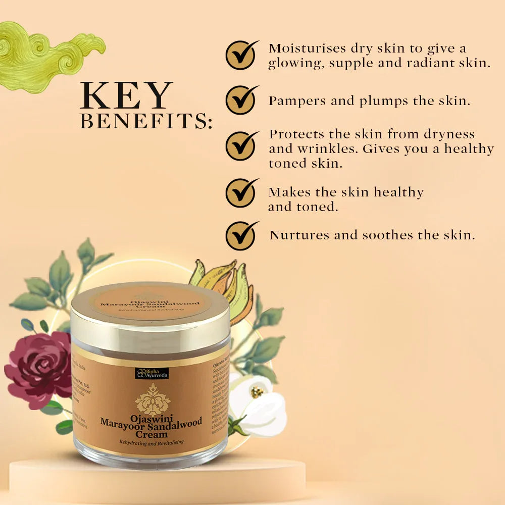 Ojaswini Marayoor Sandalwood Cream-A rich textured cream for Nourished& Smooth skin with the Pure Extracts of Sandalwood. Natural Moisturizer for Dry Skin - 35gm