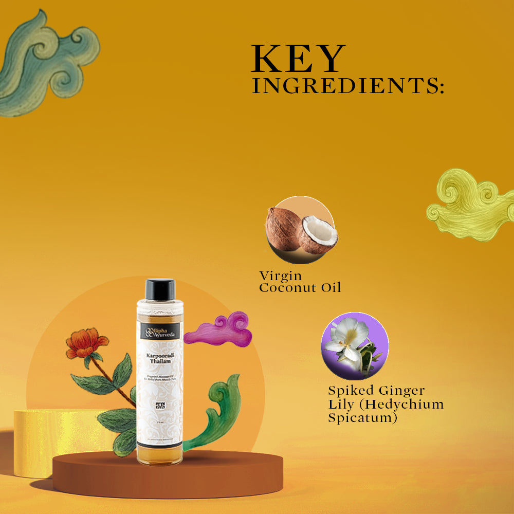 Ayurvedic oil bottle with an illustrated key-ingredients graphic on an orange background.