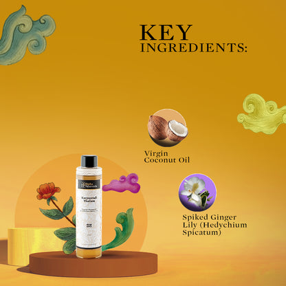 Ayurvedic oil bottle with an illustrated key-ingredients graphic on an orange background.