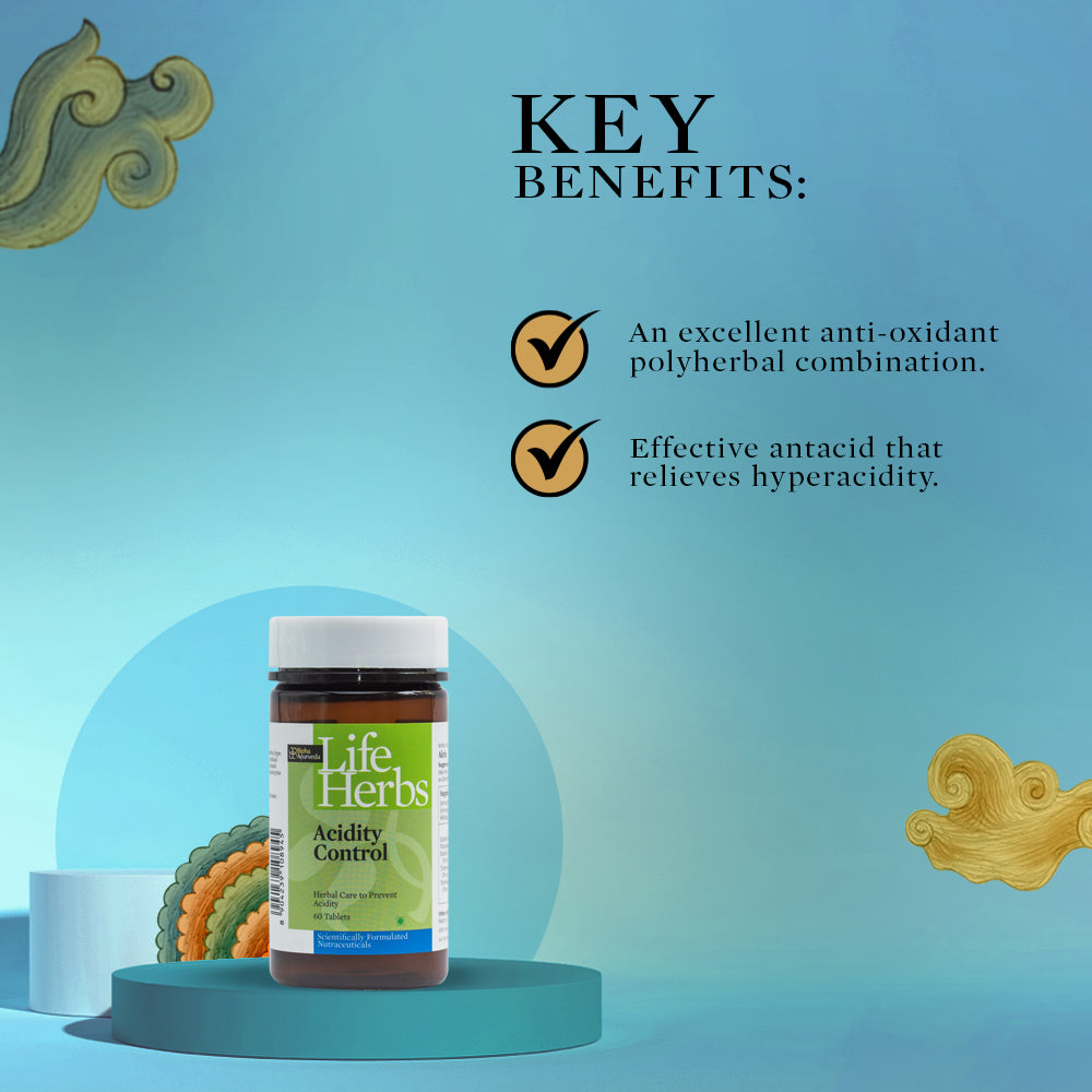 Acidity Control supplement bottle with Life Herbs branding and key benefit icons