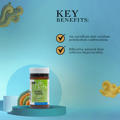 Acidity Control supplement bottle with Life Herbs branding and key benefit icons