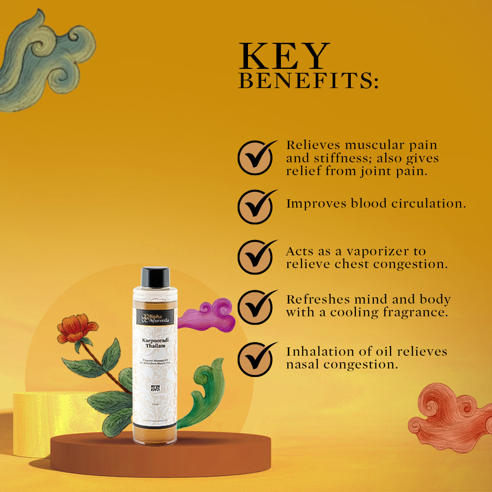 Ayurvedic oil bottle with an illustrated key-benefits list on a yellow background.