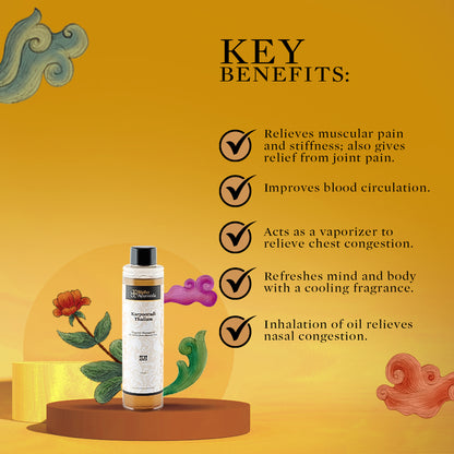Ayurvedic oil bottle with an illustrated key-benefits list on a yellow background.