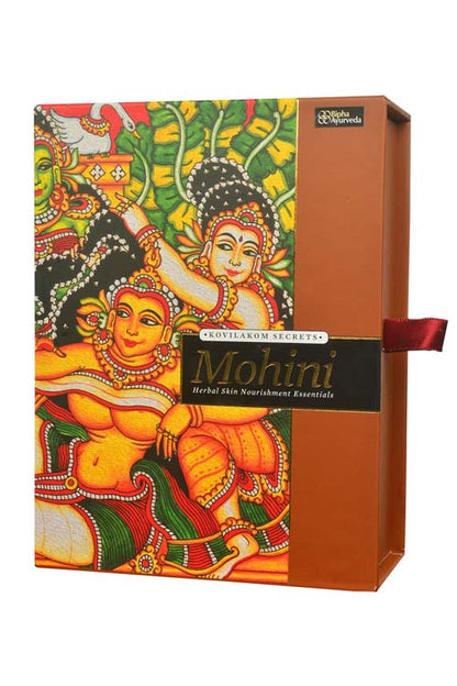 Face cream gift pack box with Mohini artwork and burgundy ribbon handle