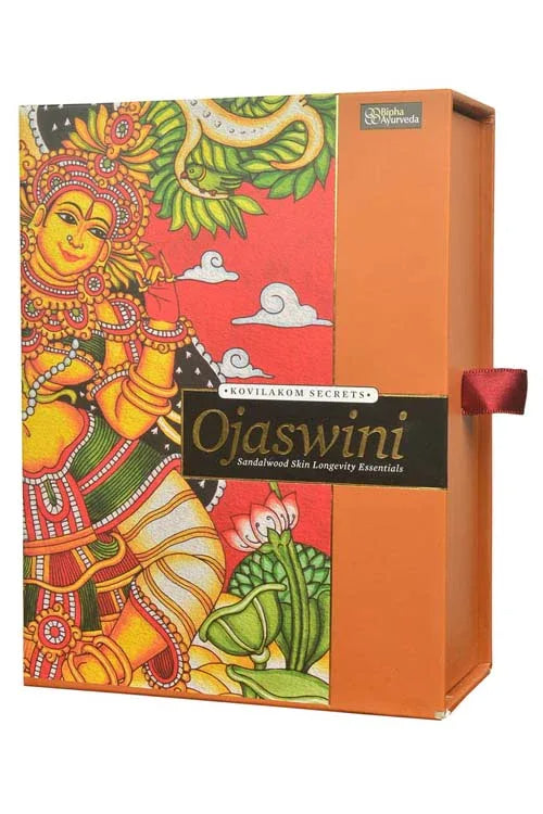 Sandalwood skin longevity essentials box with colorful goddess artwork and orange side