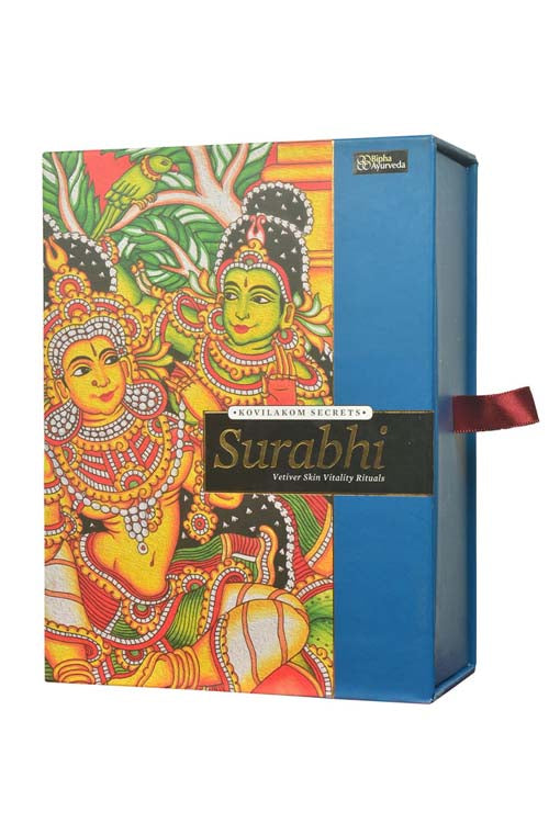 Surabhi vetiver gift pack, blue box with colorful deity illustration and ribbon