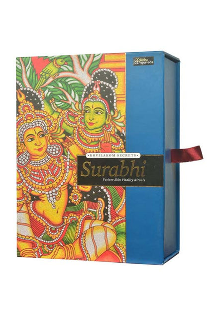Surabhi vetiver gift pack, blue box with colorful deity illustration and ribbon