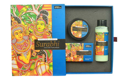 Surabhi vetiver gift set box open, showing jar, lotion bottle, and bar