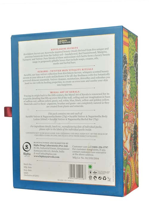 Surabhi vetiver gift pack box back with ingredient and label text