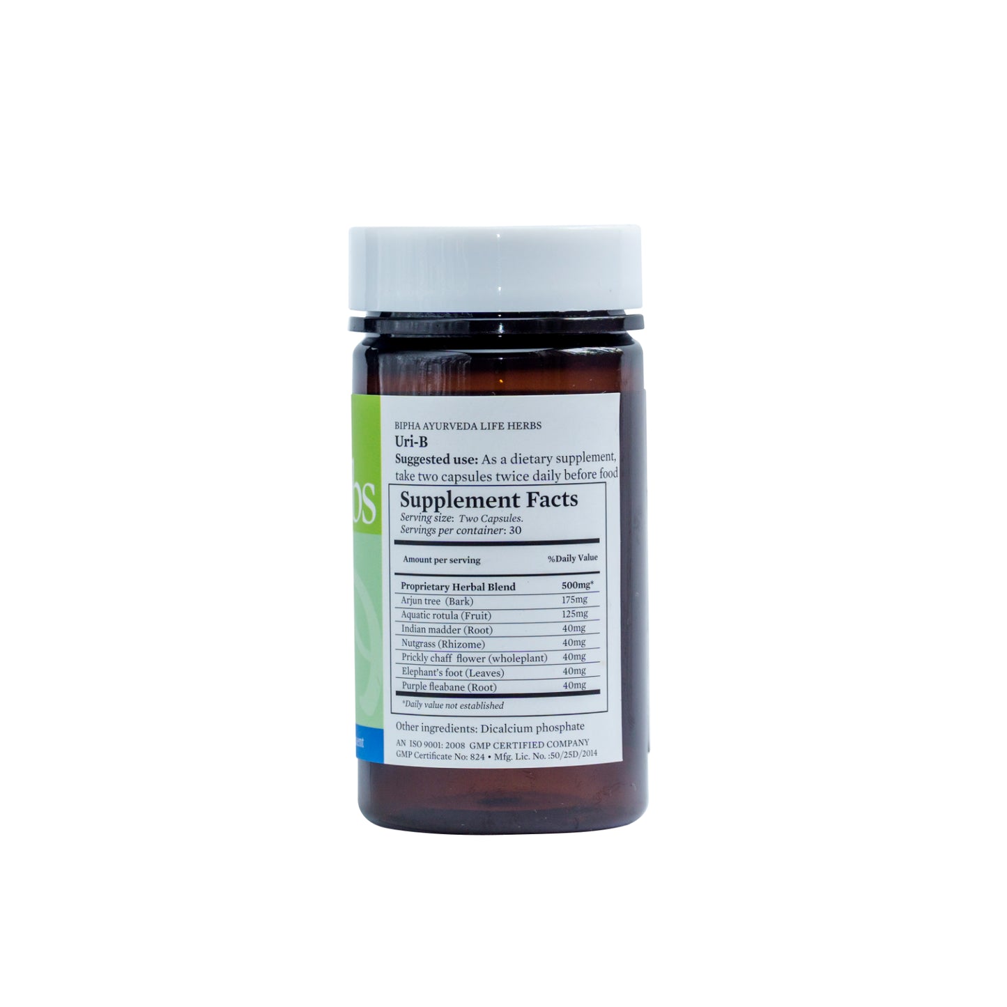 Urinary stone control supplement bottle back label with Supplement Facts panel, black cap