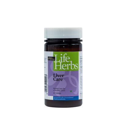 Herbal liver care supplement bottle close-up, black cap and Life Herbs front label