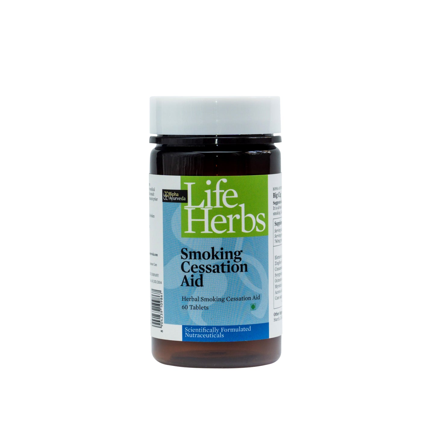 Herbal smoking cessation aid supplement bottle, black cap, front label view