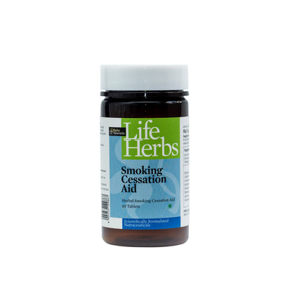 Herbal smoking cessation aid supplement bottle, black cap, front label view