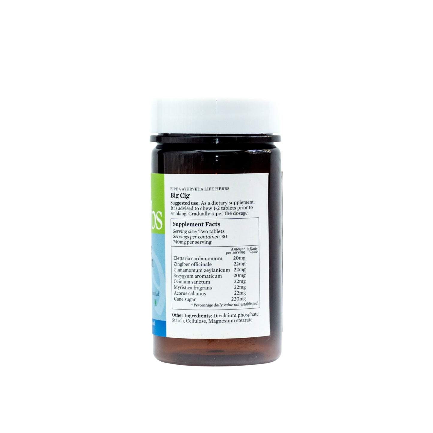 Herbal smoking cessation aid bottle with black cap, supplement facts label