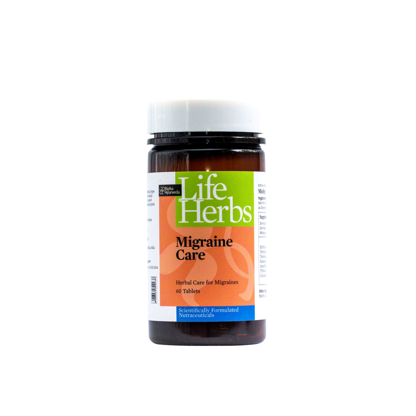 Life Herbs Migraine Care supplement bottle with black cap, 60 tablets, amber glass