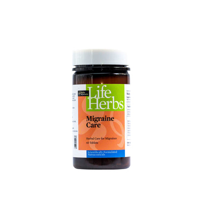 Life Herbs Migraine Care supplement bottle with black cap, 60 tablets, amber glass