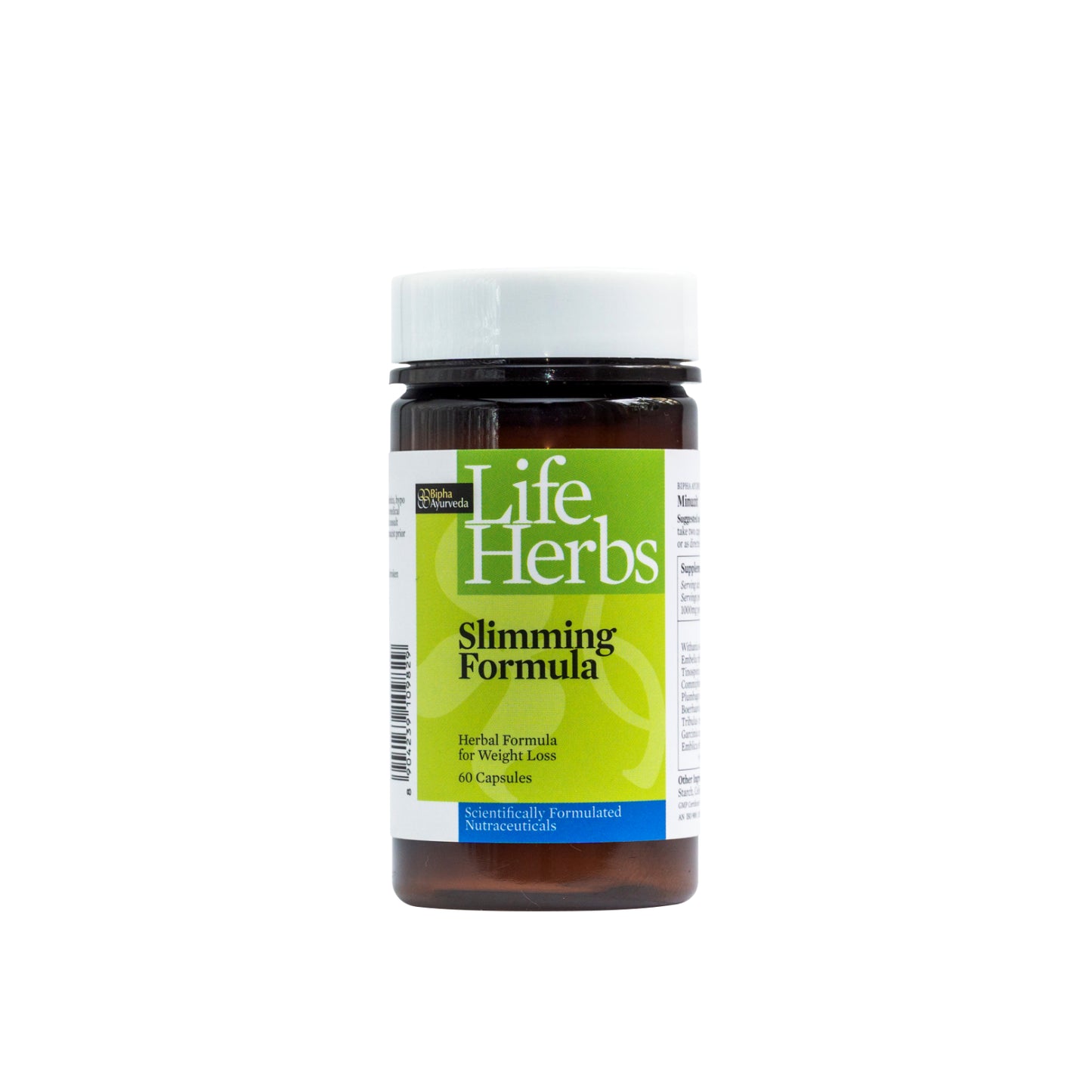 Slimming Formula supplement bottle with green-and-blue label and white cap