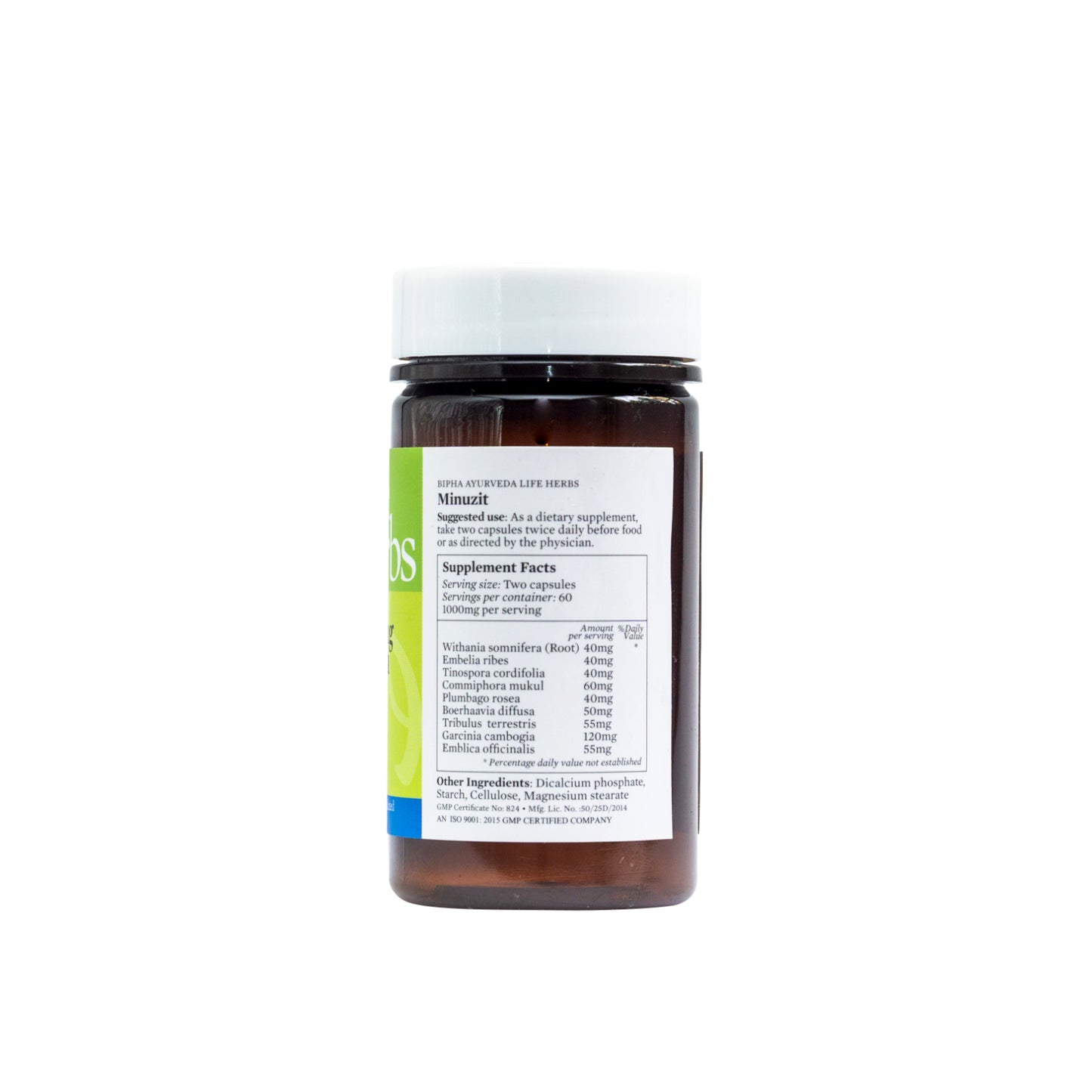 Weight management supplement bottle with amber contents and back Supplement Facts label