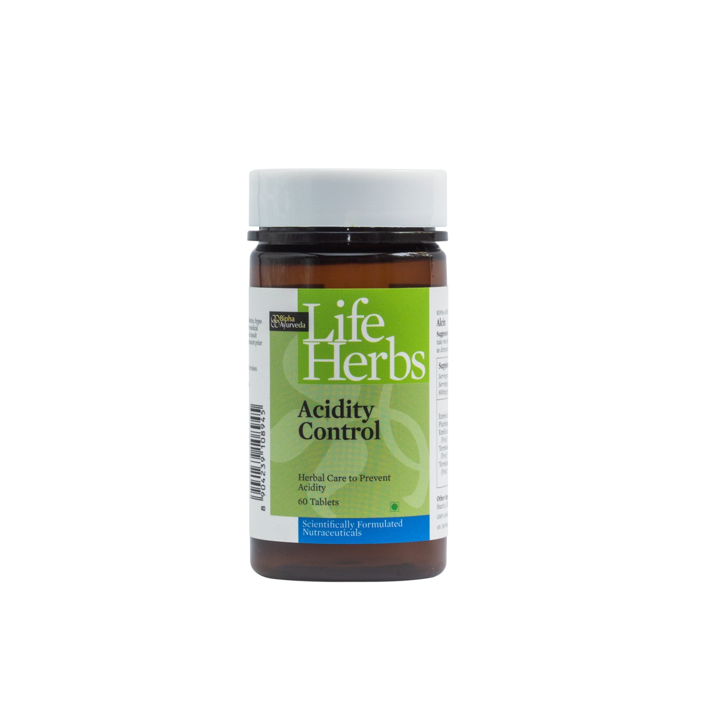 Life Herbs Acidity Control supplement bottle, brown jar with white cap