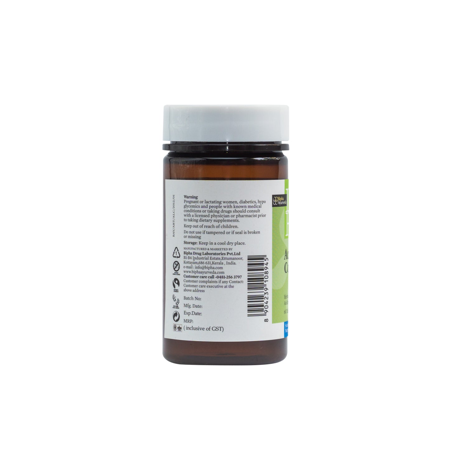 Life Herbs Acidity Control supplement bottle, rear label with barcode