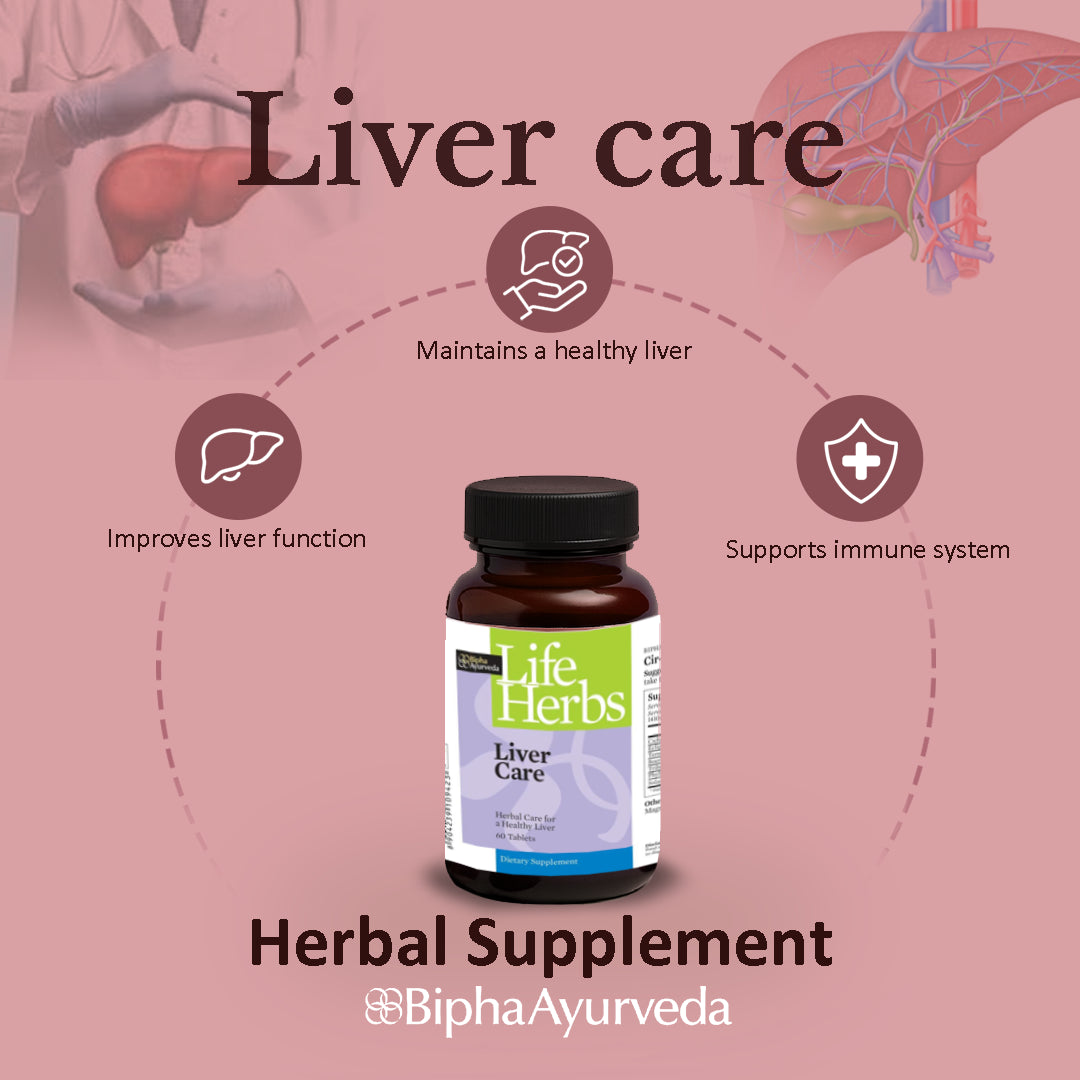 Herbal liver care supplement bottle with black cap, Life Herbs label, front view