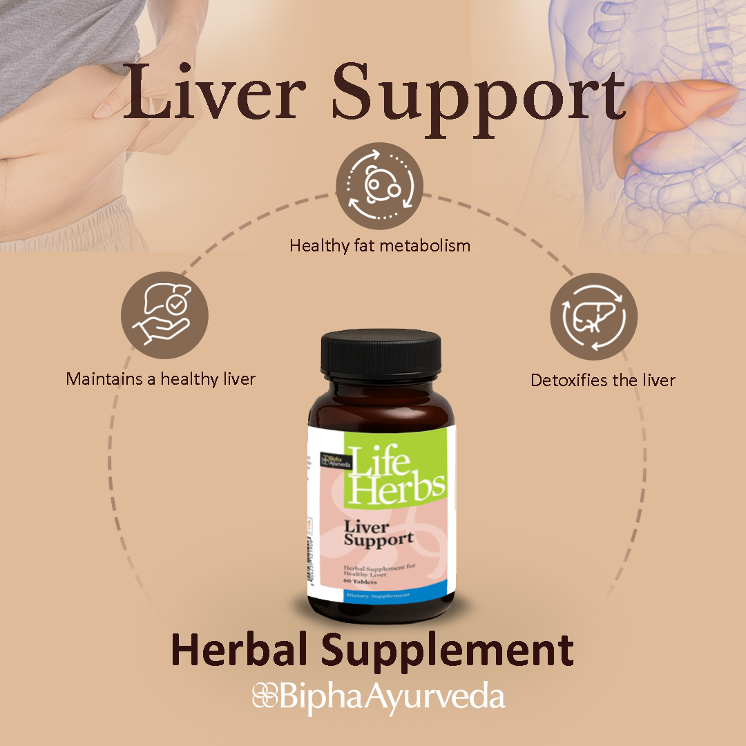 Herbal supplement bottle with white cap and green Liver Support label, Life Herbs