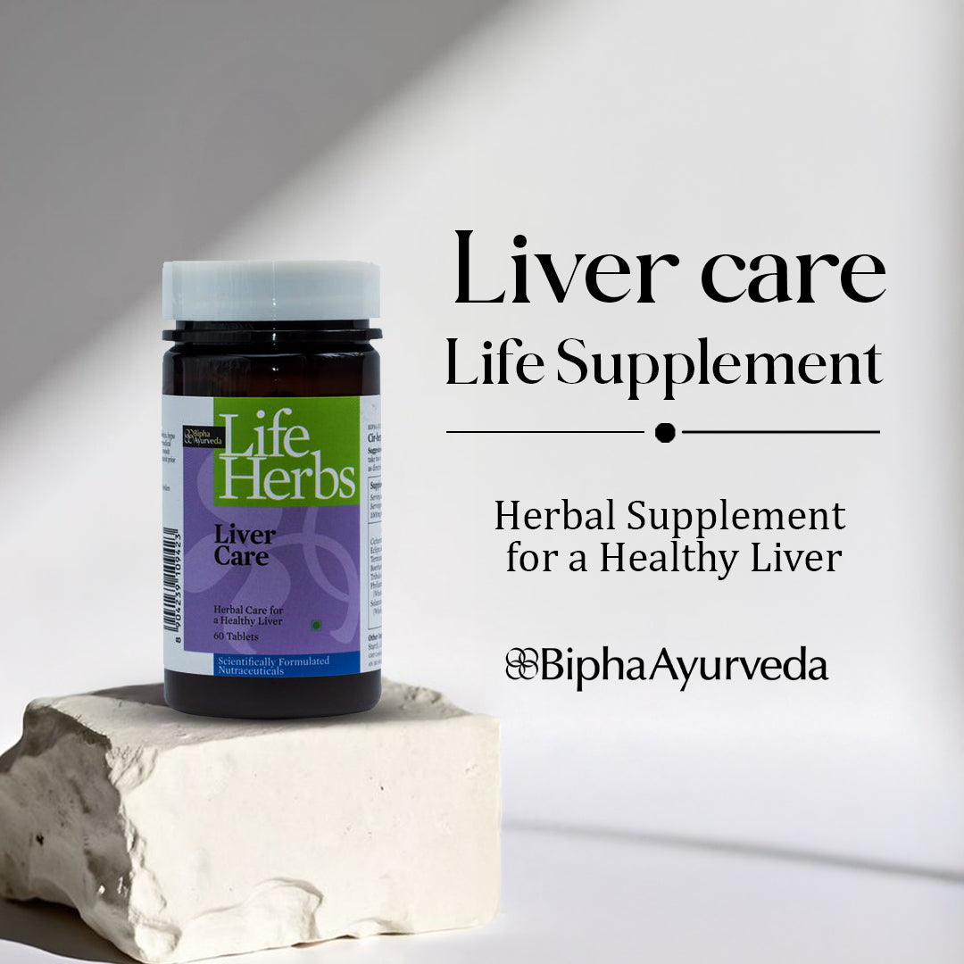 Herbal liver care supplement bottle with Life Herbs branding and Healthy Liver text