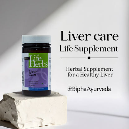 Herbal liver care supplement bottle with Life Herbs branding and Healthy Liver text