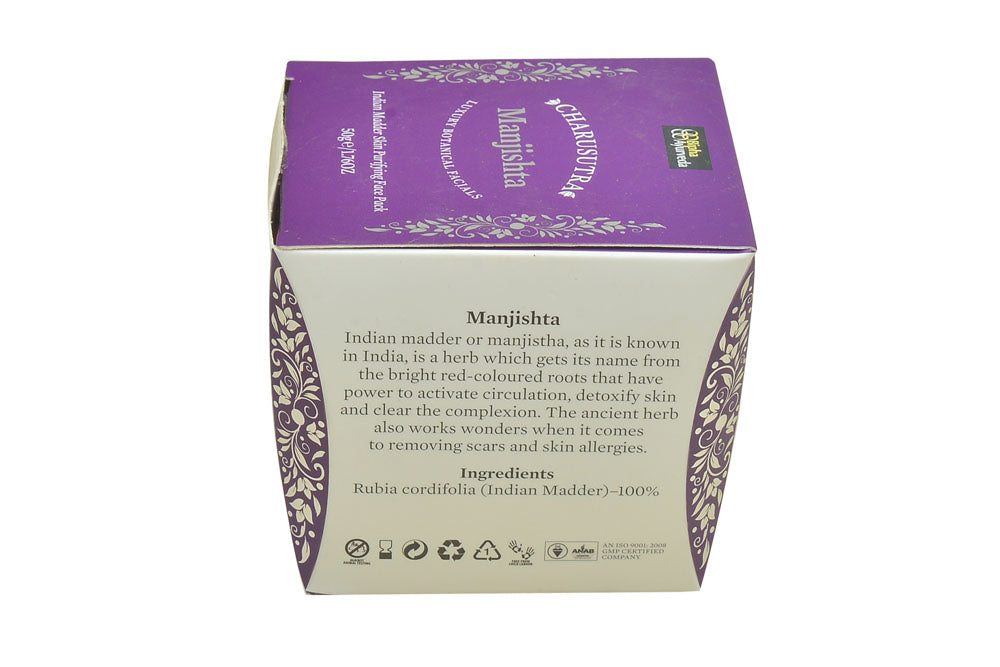 Manjishta face pack box, purple panel with gold details and printed product information