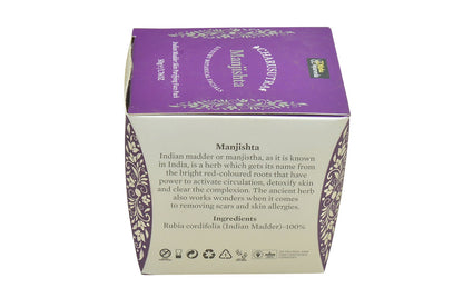Manjishta face pack box, purple panel with gold details and printed product information