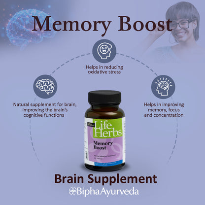 Life Herbs Memory Boost supplement bottle with white cap and brain-themed graphic