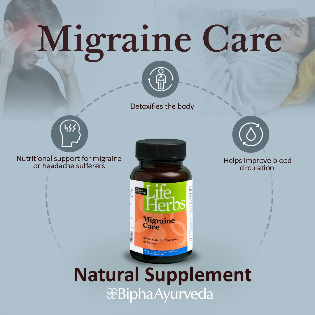 Life Herbs Migraine Care natural supplement bottle with black cap
