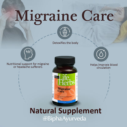 Life Herbs Migraine Care natural supplement bottle with black cap