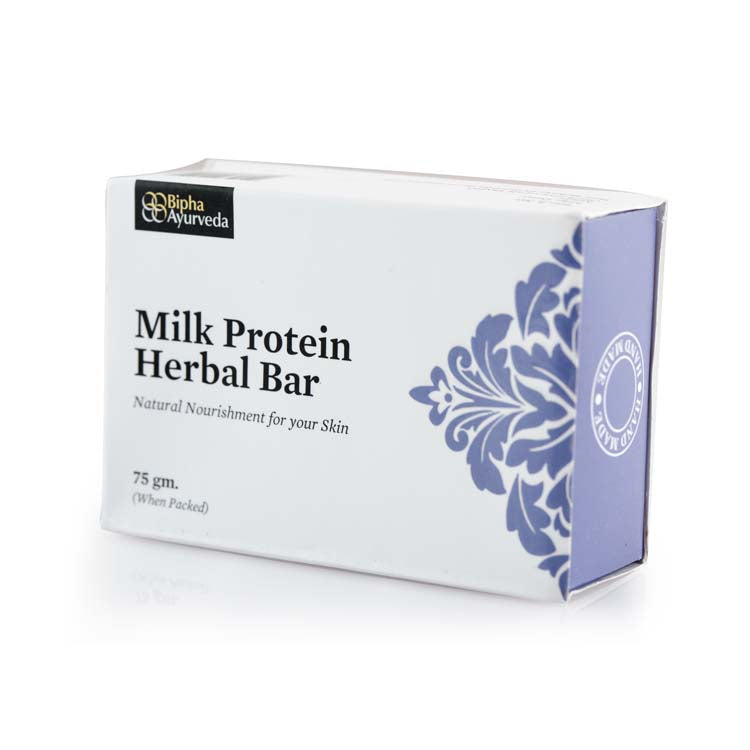 Milk protein herbal bar box with blue floral design and 75 g