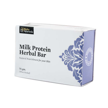 Milk protein herbal bar box, white with blue floral and circular seal