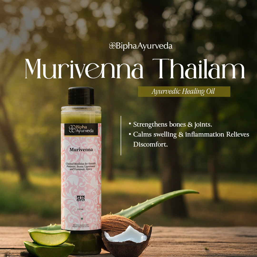 Ayurvedic healing oil bottle with black cap and pink label, front view