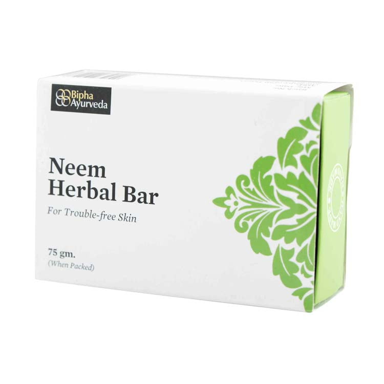 Neem Herbal Bar soap carton, white with green neem leaf design and 75 g label