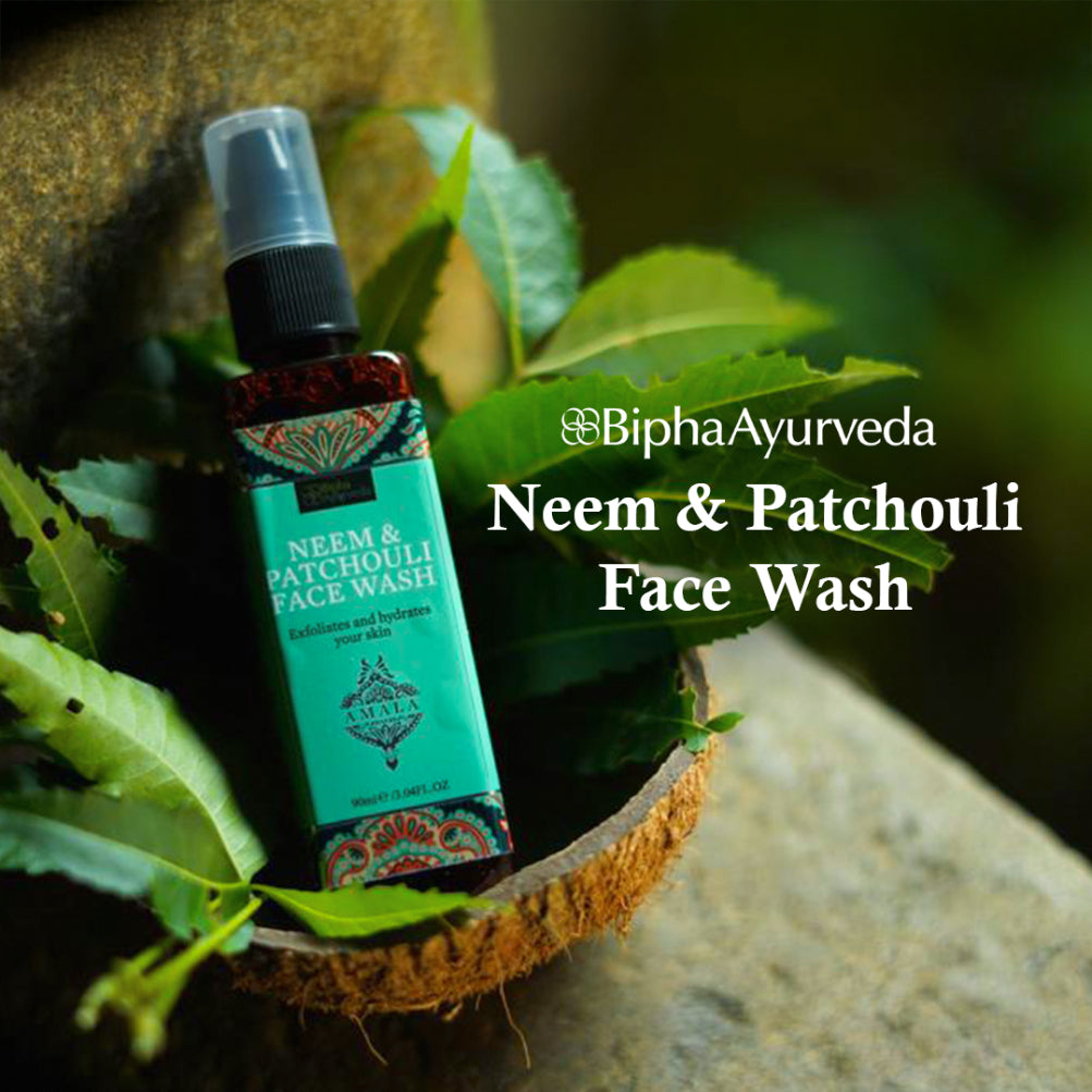 Neem & Patchouli face wash bottle with silver sprayer and dark bottle cap