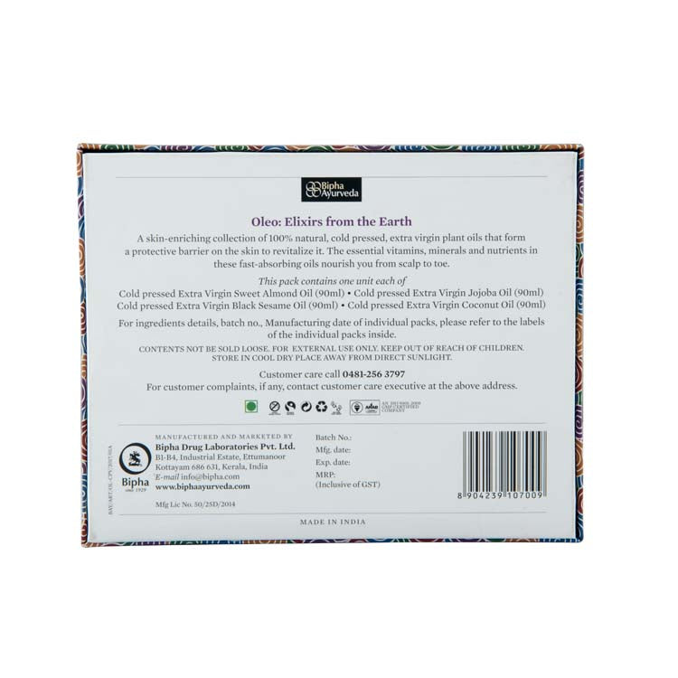 Cold-pressed oil combo box back with ingredients panel and barcode