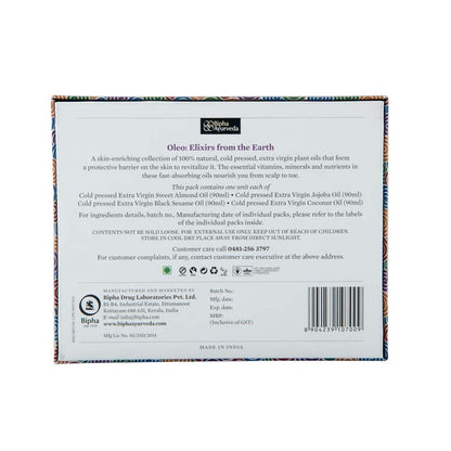 Cold-pressed oil combo box back with ingredients panel and barcode
