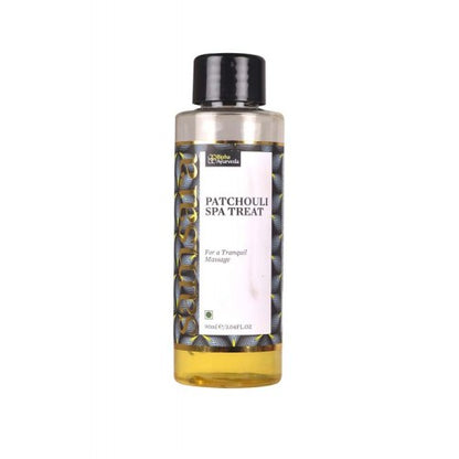 Spa treat massage oil bottle with black cap and amber liquid