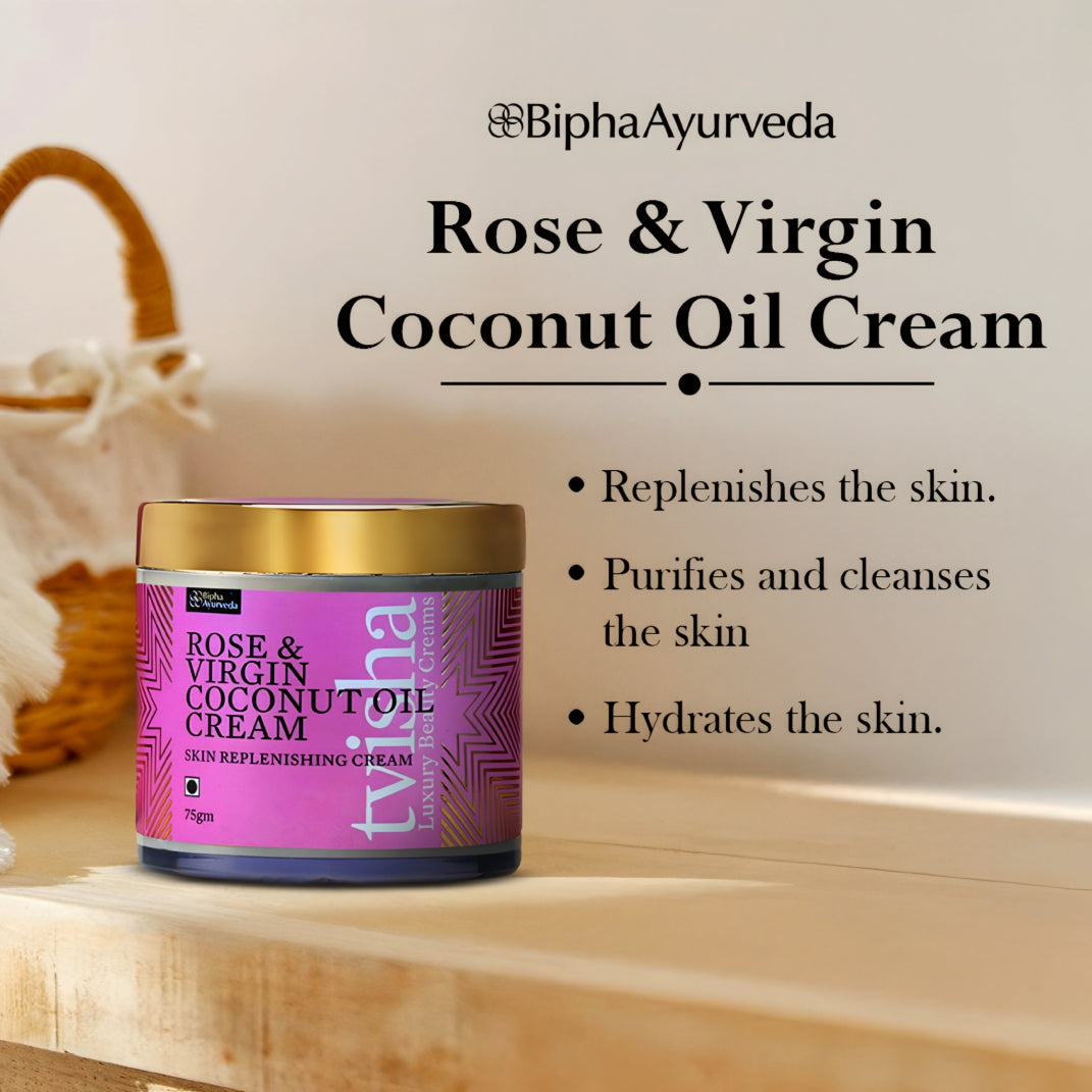 Rose & Virgin Coconut Oil cream tub with gold lid on light surface
