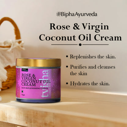 Rose & Virgin Coconut Oil cream tub with gold lid on light surface