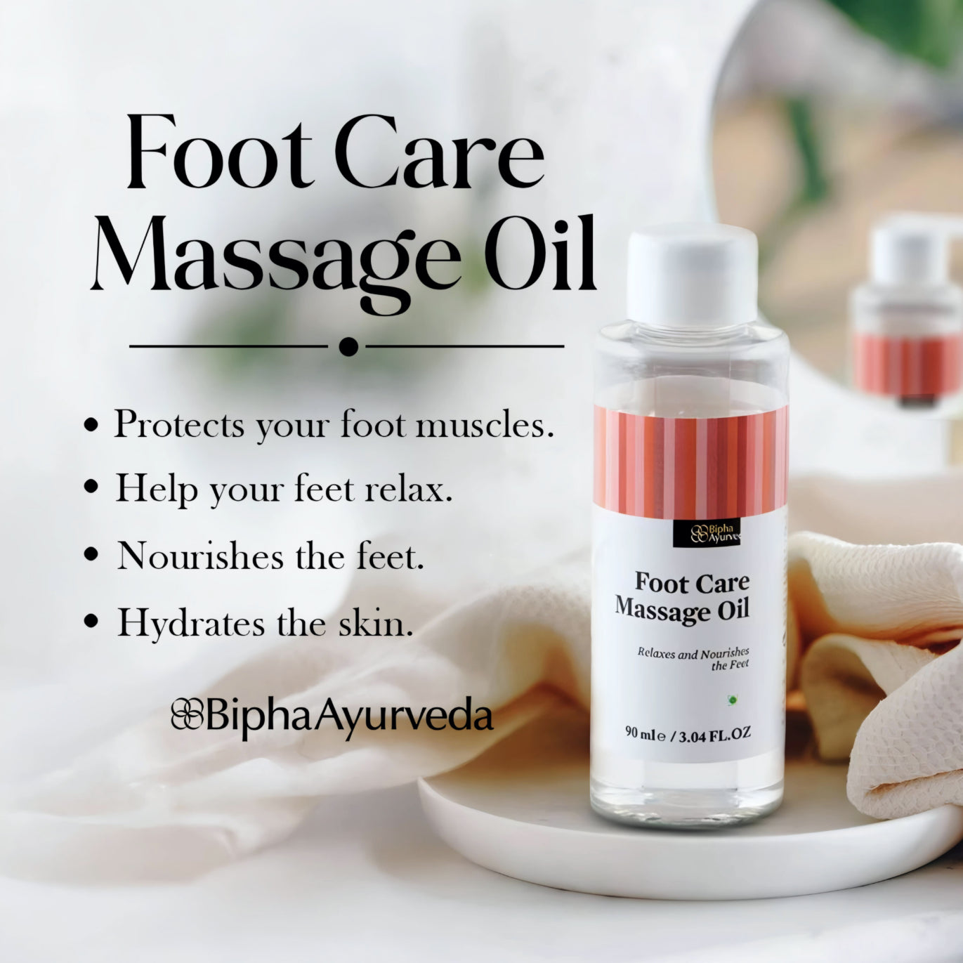 Massage oil bottle with front label and ingredient/benefit text panel