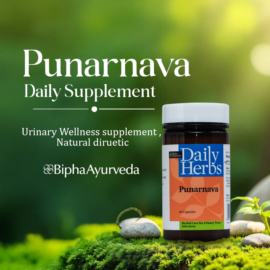 Herbal supplement bottle with white cap and Daily Herbs Punarnava label