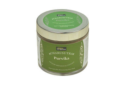 Charusutra Purvika face pack jar with green label and gold lid