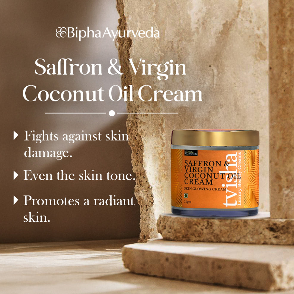 Saffron & virgin coconut oil cream jar with gold lid and orange label