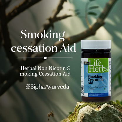 Herbal smoking cessation aid bottle with black cap, green-and-blue front label